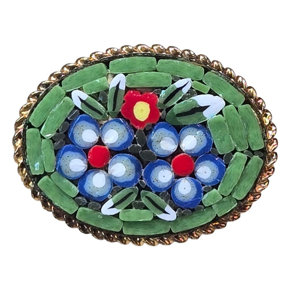 Vintage Micro Mosaic Floral Brooch Green Blue Oval Goldtone Excellent Condition